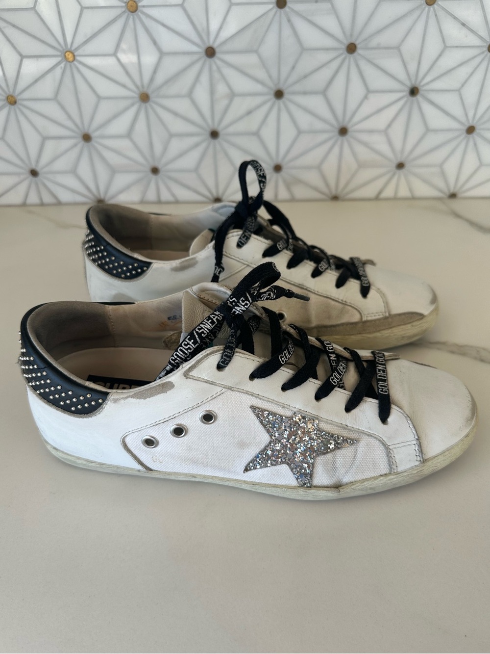 Golden Goose Women’s White Superstar Sneakers with black studded heels, Size 39